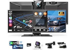 KUAYVAN 11.5" Wireless Carplay Screen for Car, Portable Apple Carplay & Android Auto Touch Screen, 4K Dash Cam/App Control/Backup Camera/Mirror Link/Voice Control/GPS/Bluetooth,for All Vehicles