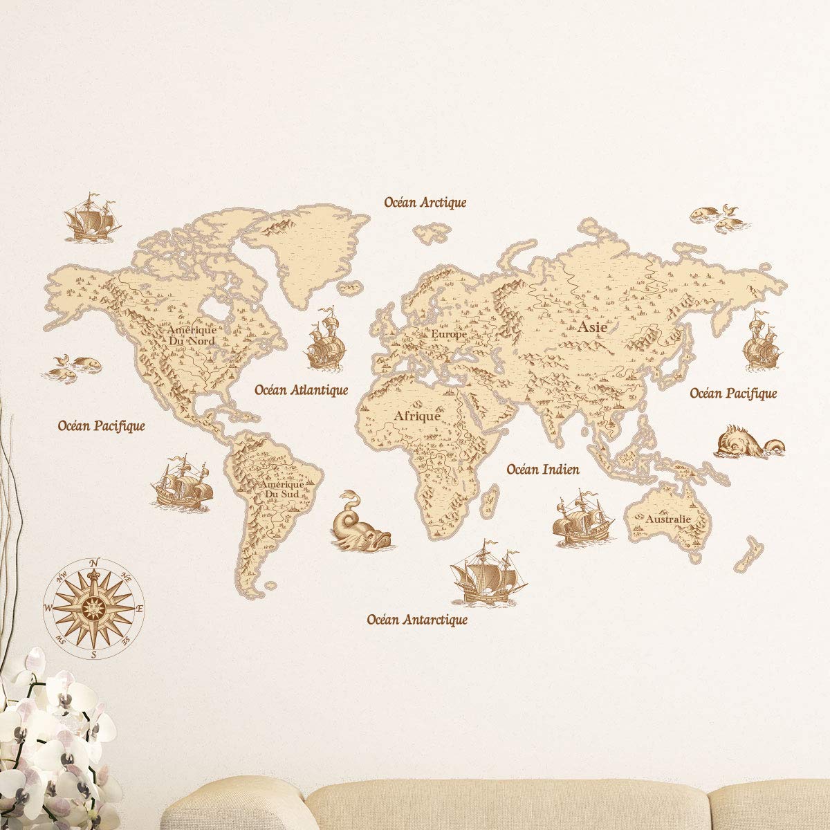 World Map Adhesive Stickers, Vintage Sticker, Wall Decoration, Bedrooms and Living Rooms, 60 x 100 cm