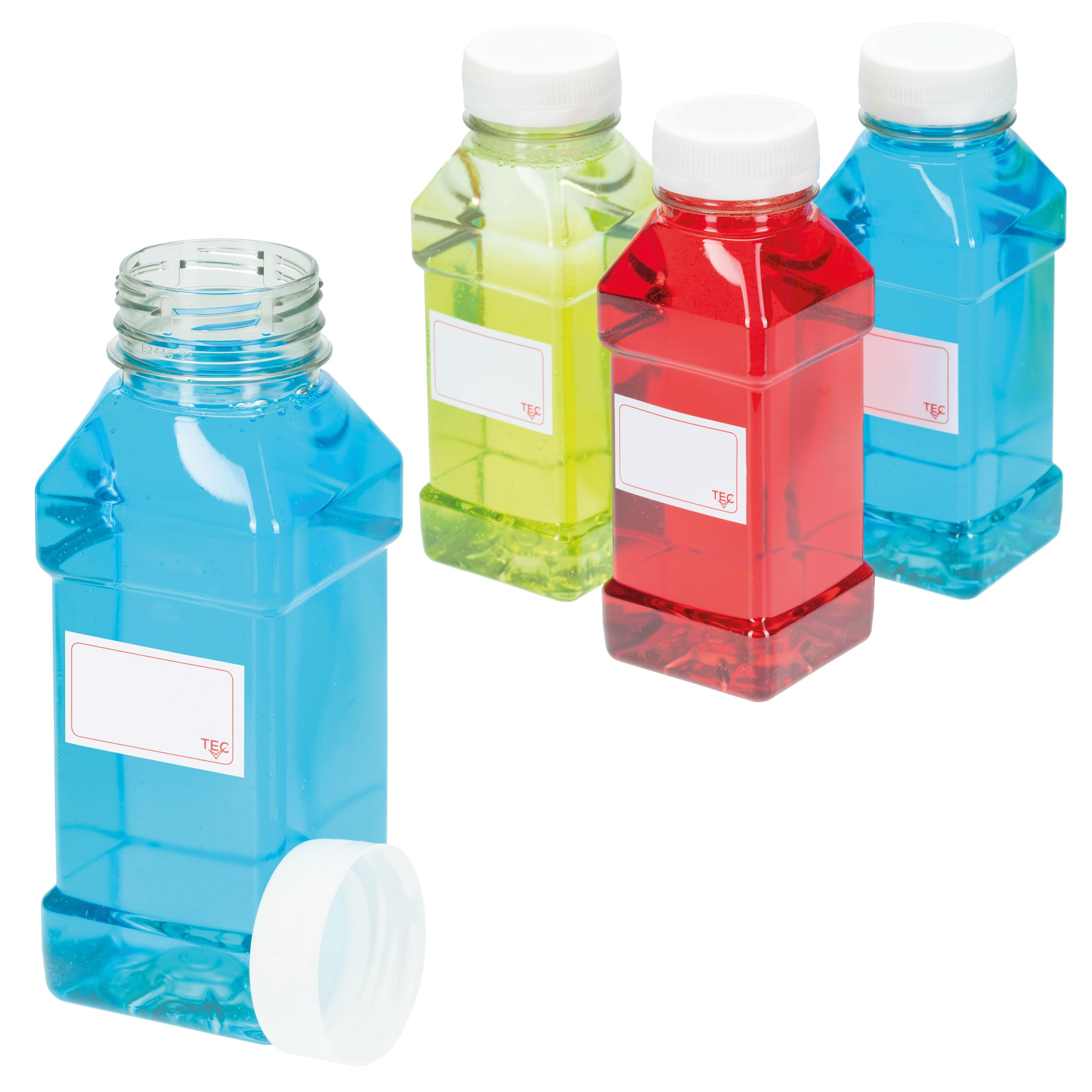 TEC Juice Bottles 500ml with Lids UK Made 30% Recycled Plastic Plastic Empty Clear Square PET Small Mini Drink Reusable for Fridge Water Lunchboxes Juicing Pack Multipack in Bulk Packs (9)