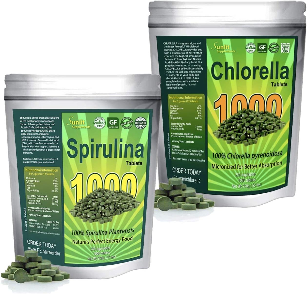 Organic Chlorella Tablets (1000 Tablets) Plus Organic Spirulina Tablets (1000 Tablets) Mega Pack Bundle. Maximum Protein and Chlorophyll, Green Superfood Supplement. No preservatives or fillers.