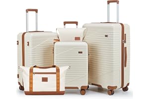 NEISIA Luggage Sets 3 Piece, Hard Shell Carry on Suitcase with Spinner Wheels and TSA Lock, Travel Lightweight Luggage Set with YKK Zippers (Beige, 5 piece sets（20/24/28/DB/TB)