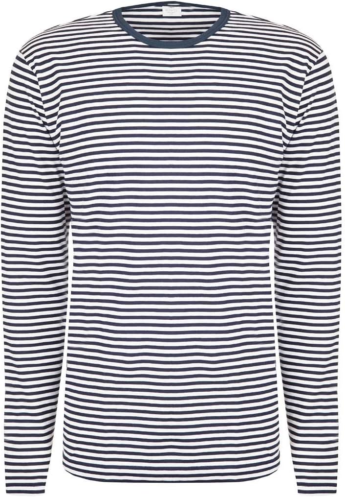 Sunspel Q82 Long Sleeve English Stripe Crew Neck Tee White Navy