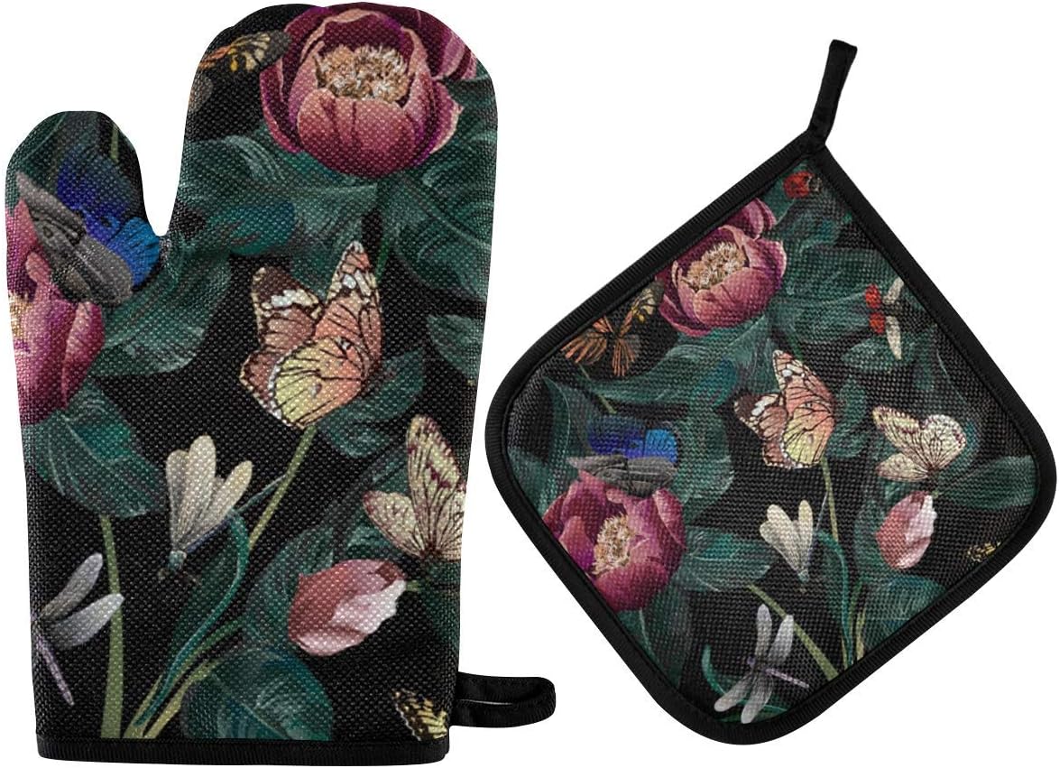 N\ A Oven Mitts and Pot Holders Sets Dragonfly Oven Gloves Potholder Soft Cotton Non-Slip Heat Resistant Kitchen Counter Safe Mats for Microwave BBQ Cooking Baking Grilling Barbecue