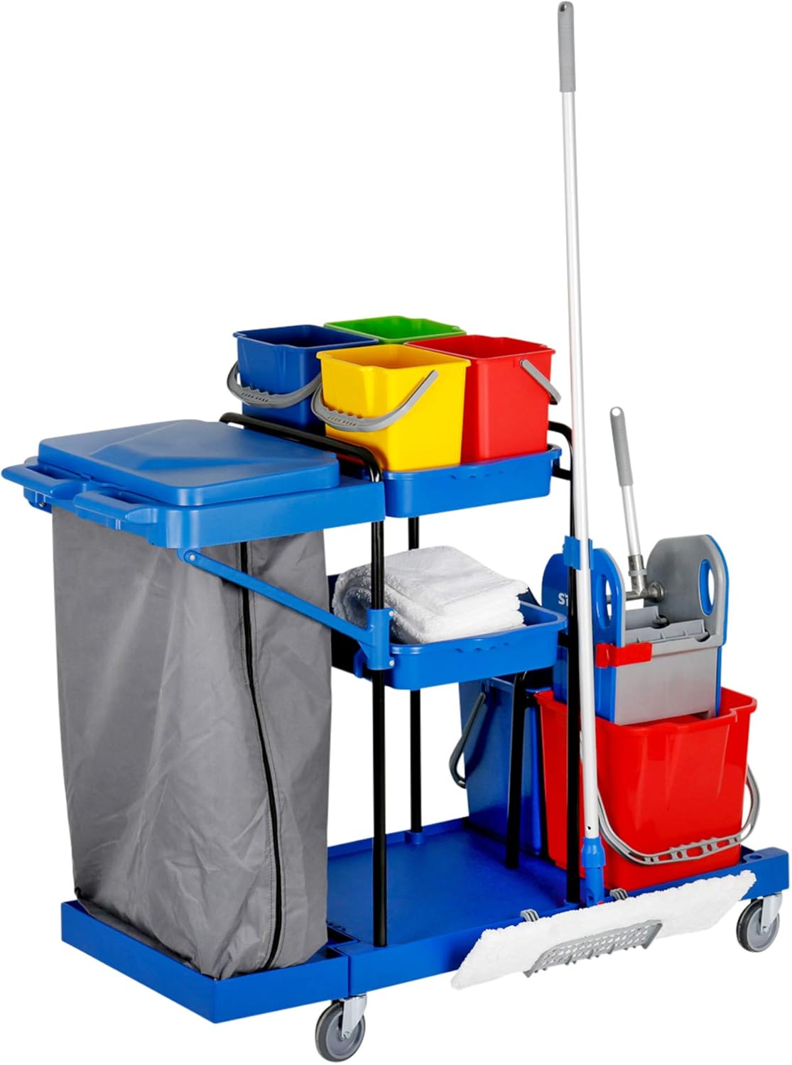 STIER Großer Hygiene- und Reinigungswagen, inkl. STIER Wischmop Set und 5x STIER Moppbezug, Profi Putzwagen, mit Presse, mit 2 Eimern mit 18 l in rot/blau
