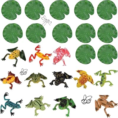 JEOPKO 24Pcs Plastic Frogs Set with Lotus Leaves for Pond Pool Decor