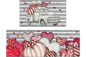 Xsinufn Valentines Day Kitchen Mat Set 2 Piece,Valentine's Day Truck Hearts Stripes Decorative Kitchen Rugs,Valentines Gray Wedding Low-Profile Kitchen Mats for Home Kitchen Decor 17"x48"+17"x30"