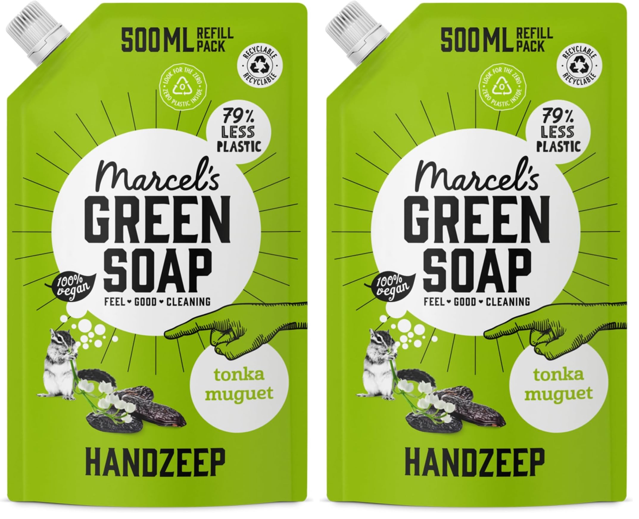 Marcel's Green Soap - Hand Soap Refill Tonka & Muguet - Handwash Dispenser Refill - 100% Eco friendly - 100% Vegan - 97% Biodegradable - 500 ML (Pack of 2)