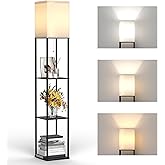 Floor Lamp with Shelves, Modern Square Shelf Lamp with 3 Color Temperature Bulb, Corner Storage Display Bookshelf Standing Fl