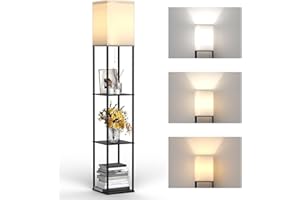 Floor Lamp with Shelves, Modern Square Shelf Lamp with 3 Color Temperature Bulb, Corner Storage Display Bookshelf Standing Fl