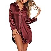 Ekouaer Satin Nightgowns for Women Button Down Sleep Shirt Silk Night Shirt Long Sleeve Boyfriend Sleepwear S-3XL