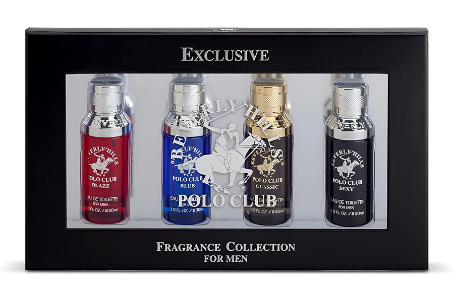 Beverly Hills Polo Club Men’s Fragrance Collection – 4 Premium Eau de Toilette Colognes (1oz Each) – Diverse, Long-Lasting Scents: Blaze, Blue, Classic, Sexy – Ideal Gift Set for Him