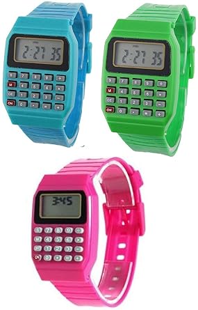 Pappi Boss - QUALITY ASSURED - Unisex Silicone Smart Blue, Pink & Green Calculator Digital Led Wrist Watch for Boys, Girls, Kids