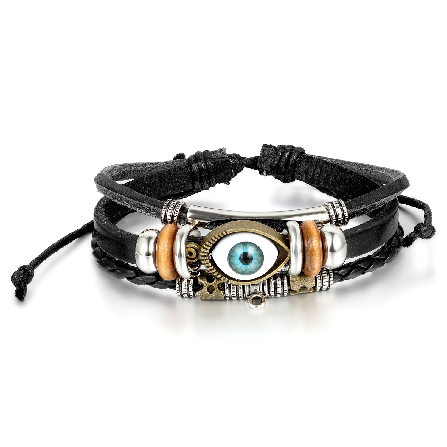 JewelryWe Black Leather Vintage Turkish Blue Evil Eye Bracelet Luck Protection Men Women Braided Wrist Cuff, Adjustable 8.1-10.8inches