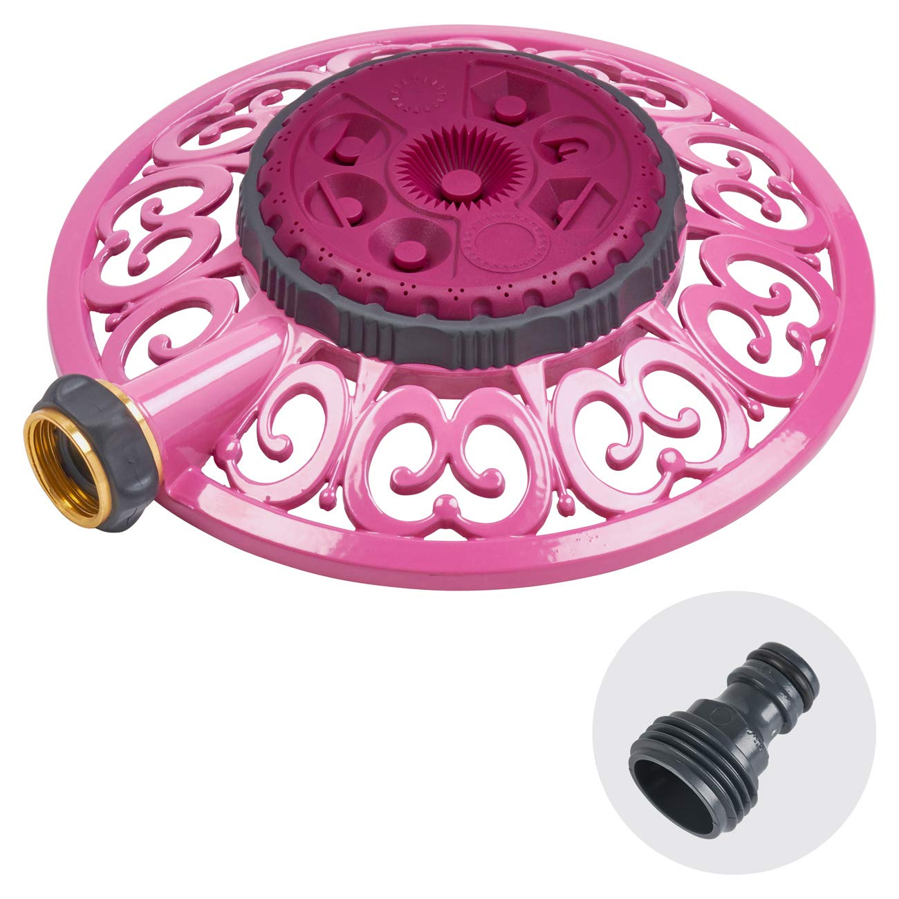 Photo 1 of Melnor 65100-AMZ Sprout Metal 8-Pattern Sprinkler and QuickConnect Product Adapter Amazon Bundle, Raspberry Red