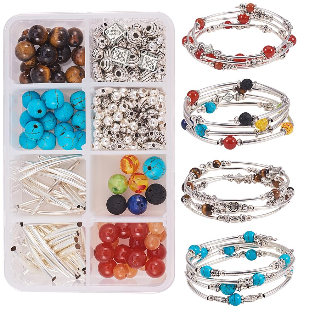 SUNNYCLUE 1 Box 4 Strands Memory Wire Bracelet Making Kit Include 1 Strand Healing Crystal Chakra & 3 Beaded Memory Wire Bracelets, Adjustable Supplies for Women Adults
