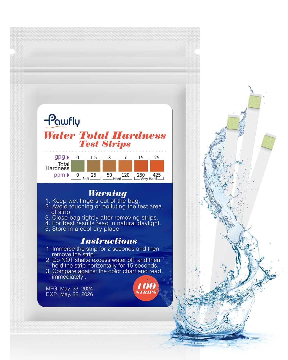 Pawfly Water Hardness Test Strips 100 Pieces Hard Water Test Kit for Drinking Water Tap Water Well Pool Spa Water Softener Accurate Softener Water Quality Testing Kit for Calcium & Magnesium