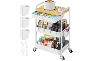 3 Tier Rolling Cart Metal with Table Top and Drawer, White Storage Cart with Wooden Top and Wheels, Three Tier Utility Carts 