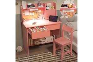 SFDOU Pink Desk and Chair Set for 5-12 Year Old,Kids Study Desk with 3-Color Lights, Kids Study Table with Charging Station, Study Table with Drawers and Storage Shelf-Wt10