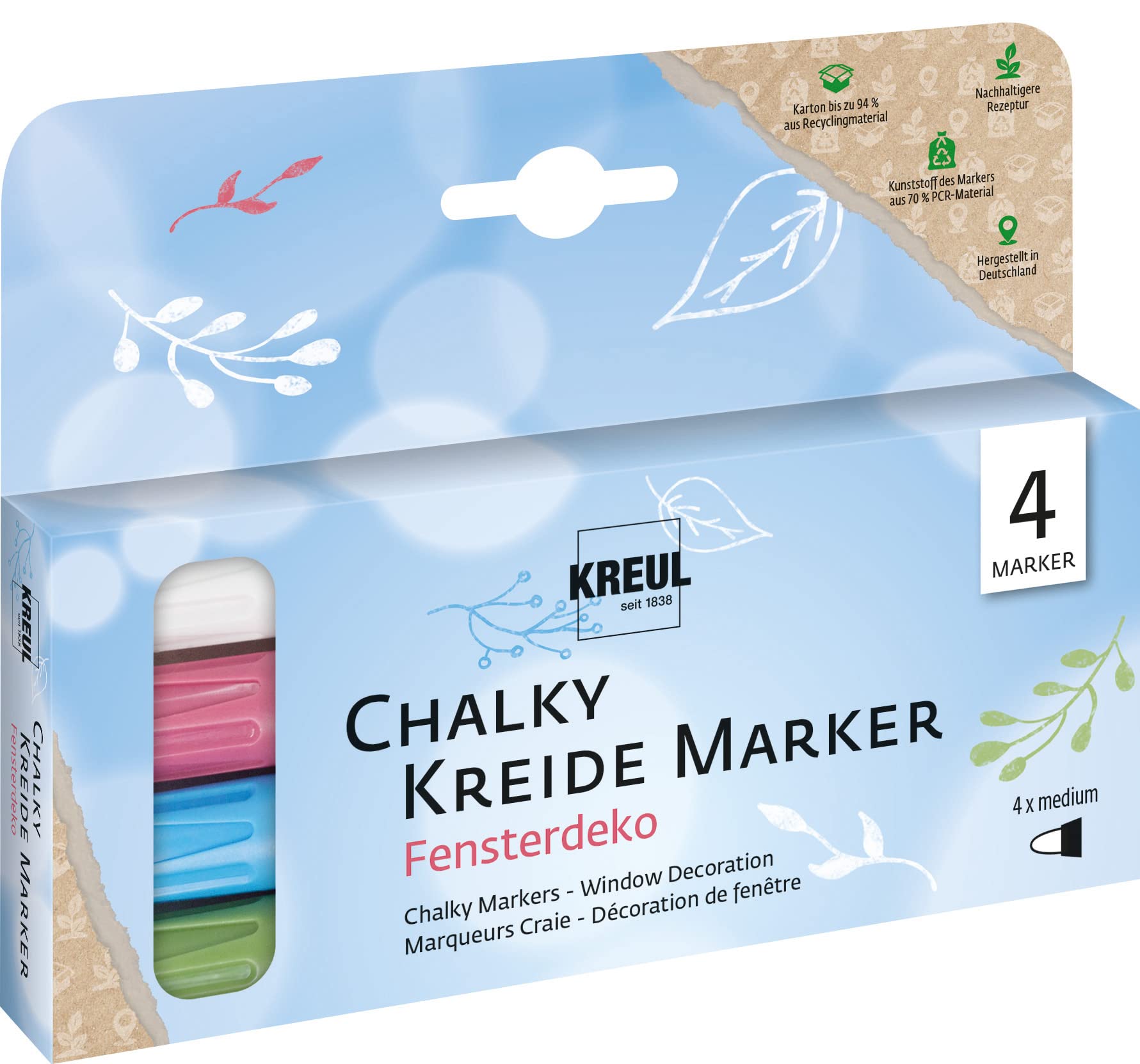 Kreul Chalky 22709 Chalky Chalk Marker Window Decoration, 4 Pens, Medium, Matt, Opaque, Non-fading, Quick Drying, Set of Non-Permanent Chalky Chalk Markers for Painting and Writing Window Panes