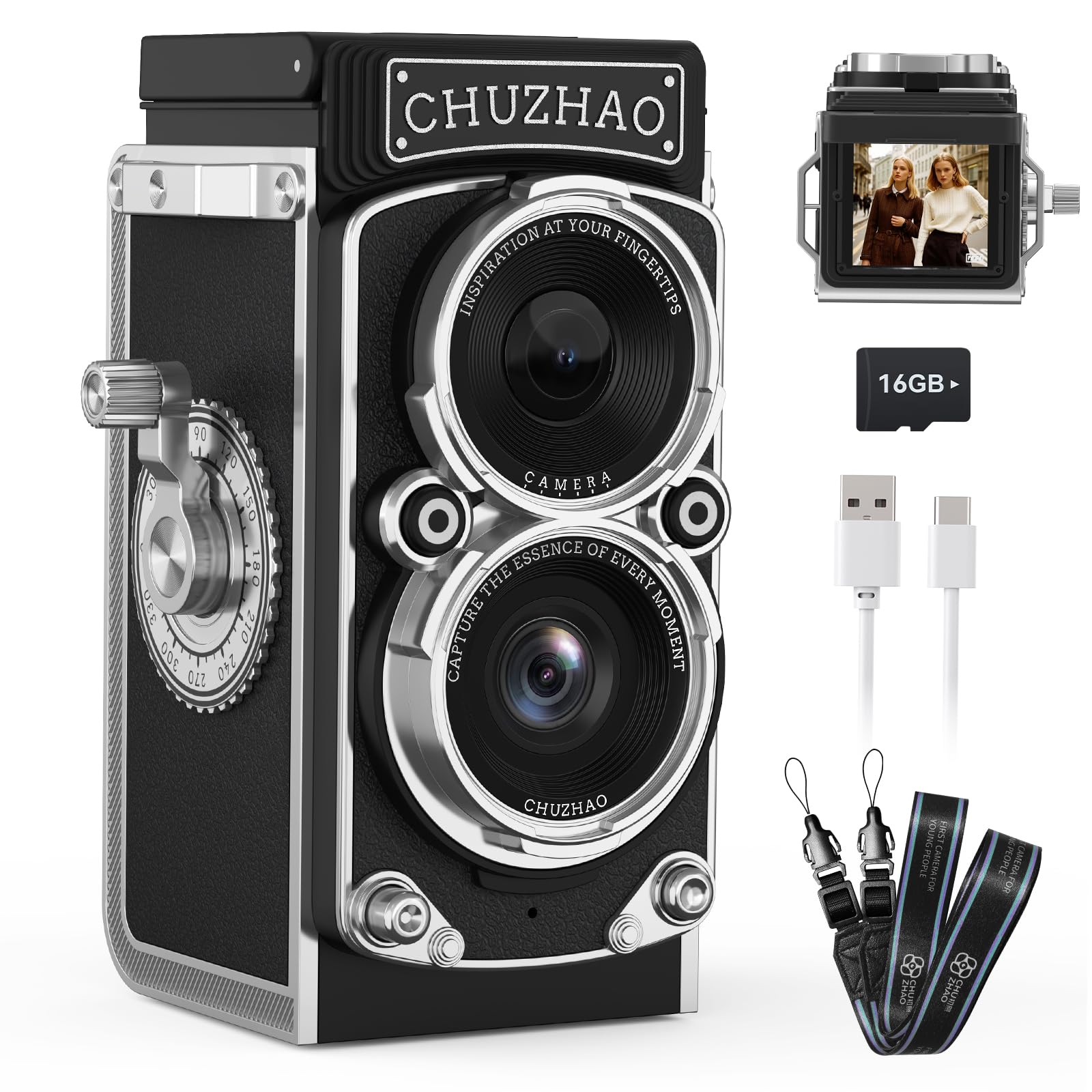 Fyhuioo ミニレトロカメラ デジカメ レトロ デジタルトイカメラ: 12MP 1080P動画 1.54インチ画面 ミニ トイカメラ 大人向け オートフォーカス 16GB メモリーカード ストラップ付き 二眼レフ カメラ Type-C充電 日本語取扱説明書 の商品画像
