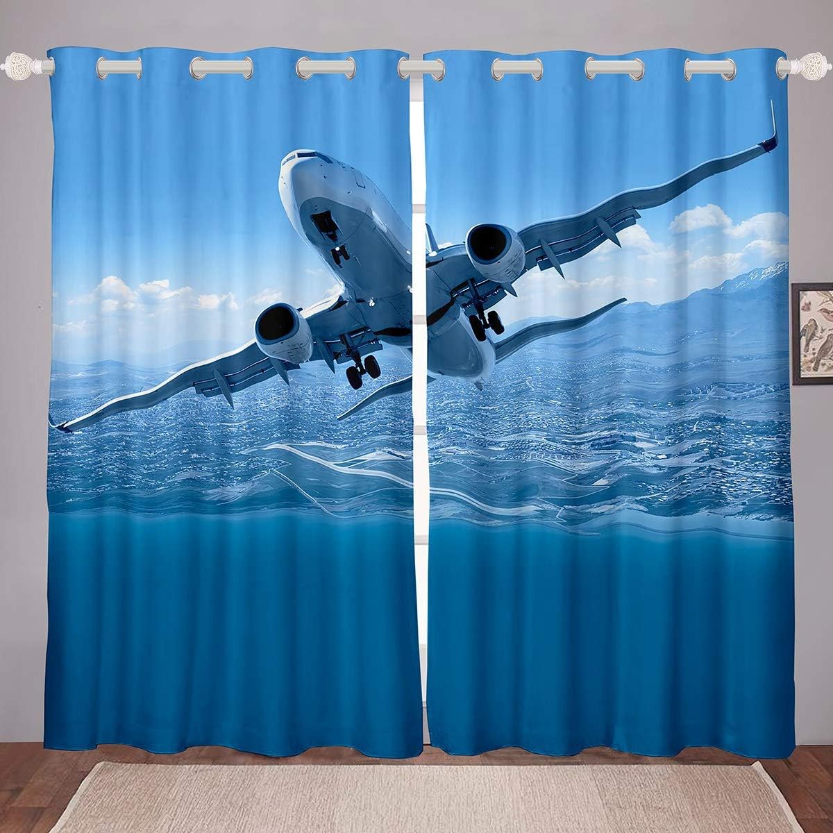 Loussiesd Aircraft Room Darkening Curtain 3D Aircraft Print Blackout
