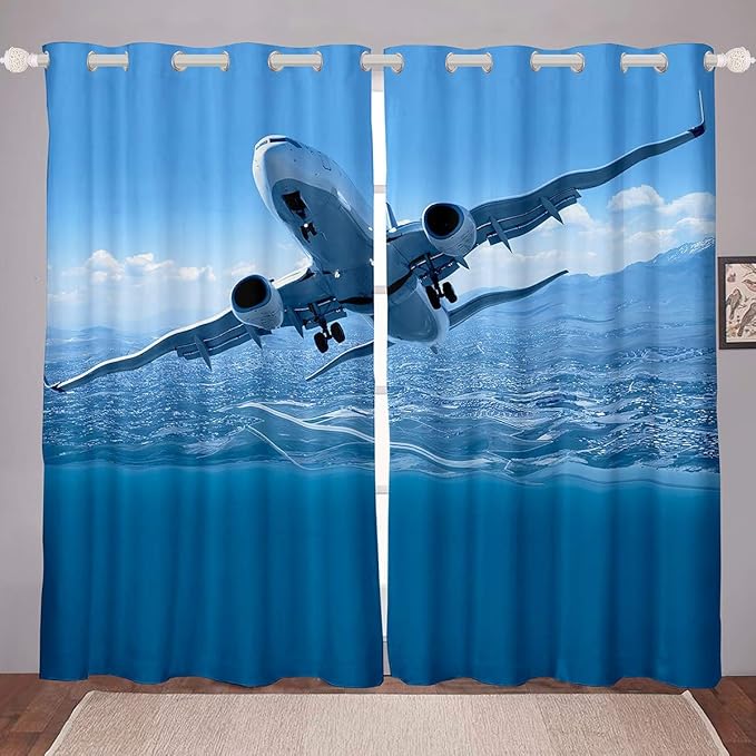 Loussiesd Aircraft Room Darkening Curtain 3D Aircraft Print Blackout