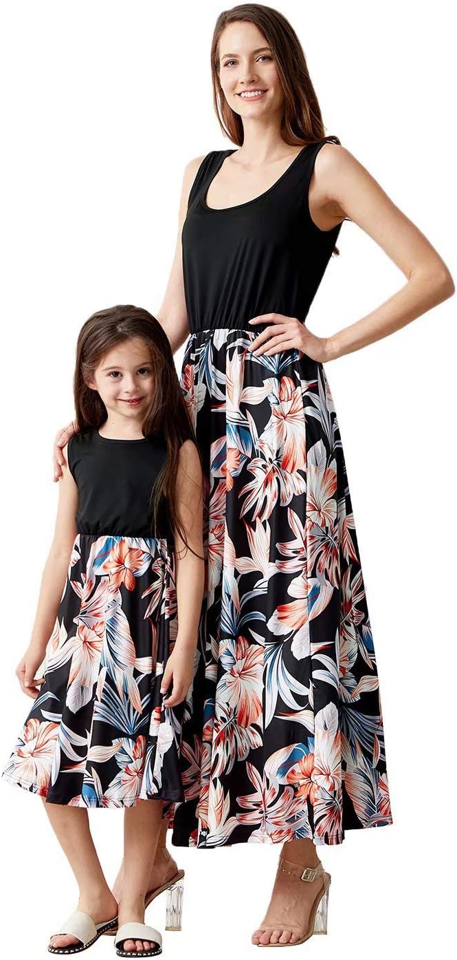 Yaffi Mommy and Me Matching Dress for Mother and Daughter Summer Casual Floral Printed Sleeveless Knee Dress for Ladies Girl