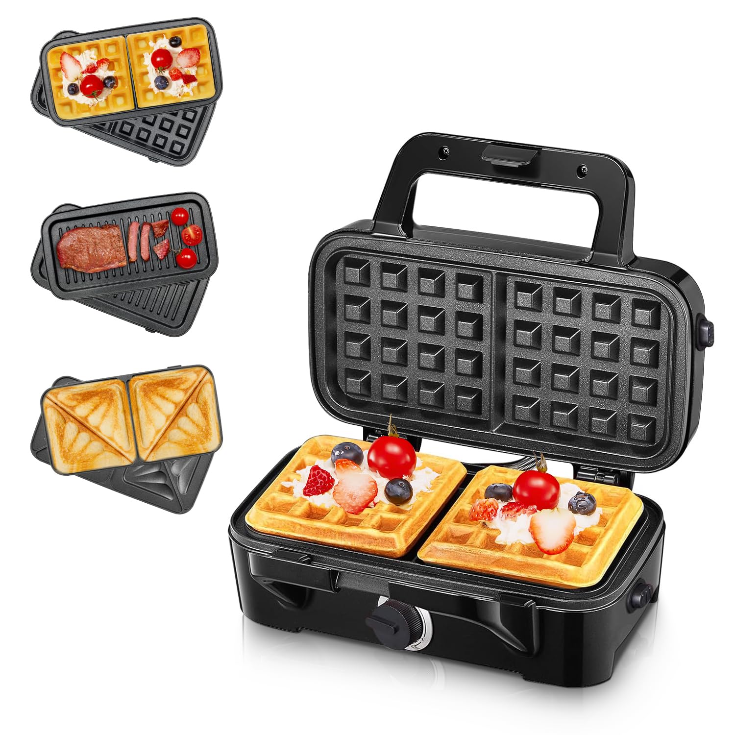 FOHERE Sandwich Maker 3 In 1 Waffle Maker With Removable Plates,1200W Grilled Cheese Maker, 5-gear Temperature Control, Non-stick Coating Easy to Clean, Indicator Lights, Silver/Black