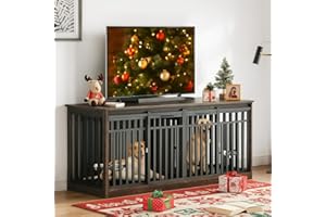 DWVO 71" Double Dog Crate Furniture for 2 Medium Dogs, Heavy Duty Wood Dual Dog Kennel TV Stand with Sliding Doors, Decorative Wooden 2 Dog Cage Table with Dog Bowls for Extra Large Dogs Black Oak