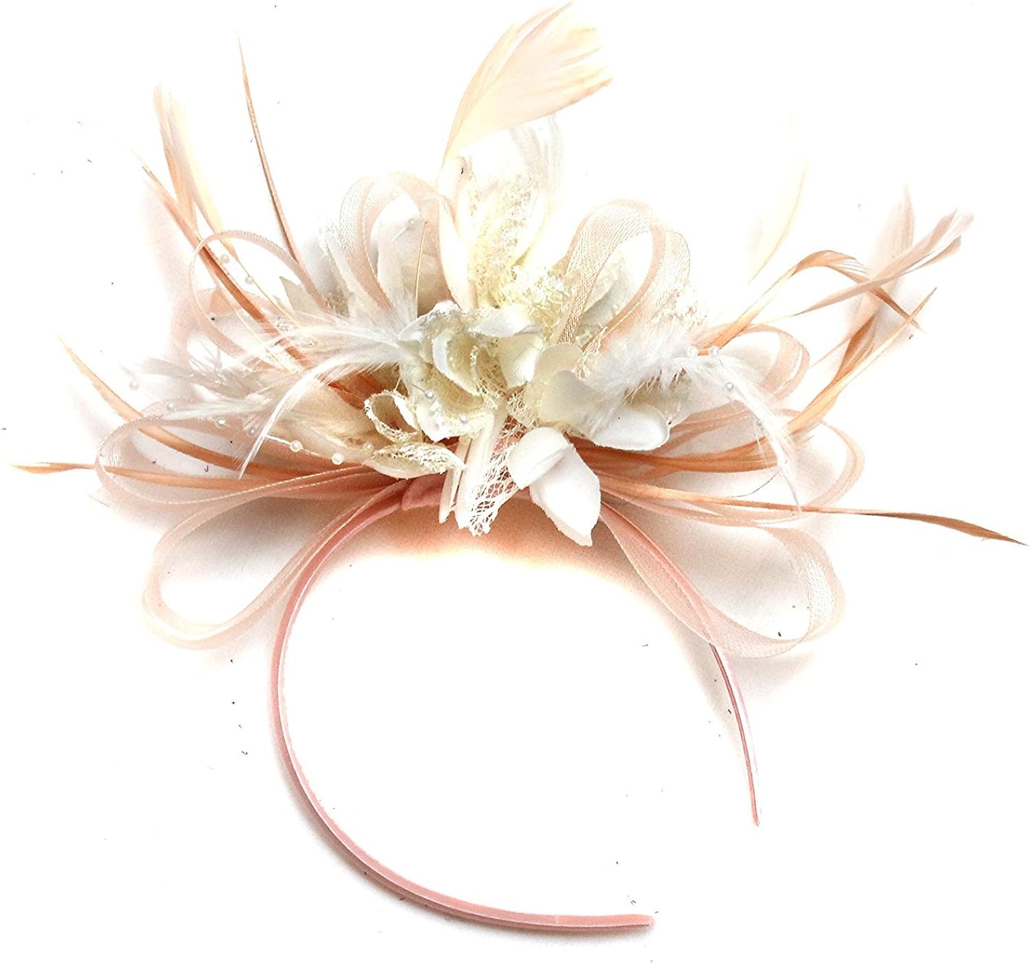 Nude Salmon and Cream Ivory Feather Hair Fascinator Headband Wedding Royal Ascot Races Ladies, Nude Peach and Cream