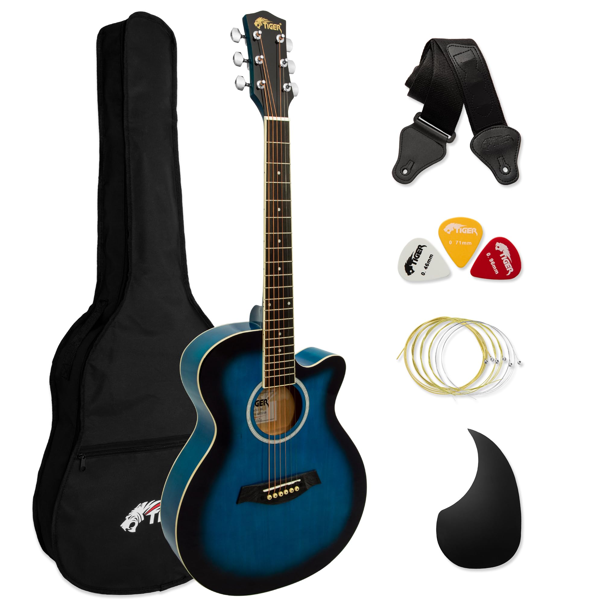 Tiger ACG1-BL Acoustic Guitar with Steel Strings - Small Body 4/4 - for Beginners aged 11+ - Bag, Strap, Spare Strings, Scratchplate and Pick Included - 6 Months free Lessons - Blue