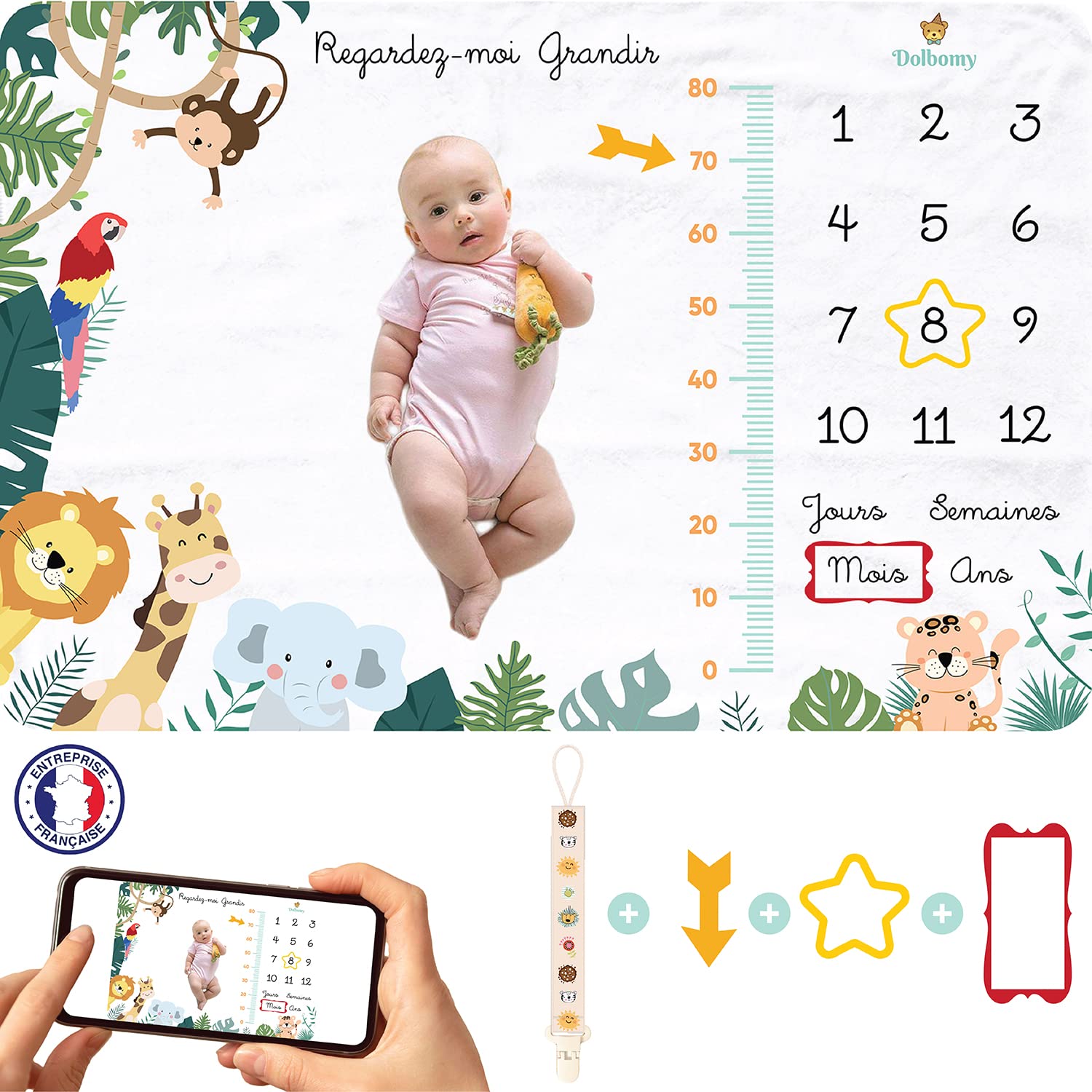 Dolbomy Baby Step-Up Kids Blanket for Girls or Boys - Includes Height Chart to Track Baby Growth - Keep in Photo of Your Child's First Month - Ideal Newborn Gift
