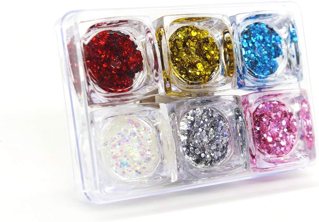 FLAWISH Holographic Nail Art Glitter Sequins Flakes Sparkling For Face Body Eye Hair (Pack of 6)