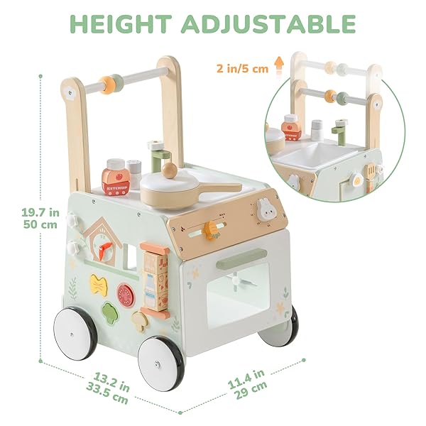 ROBOTIME BABY WALKER PUSH TOY, ADJUSTABLE HEIGHT & SPEED, PREVENTS BOW LEGS, SPRING GARDEN ACTIVITY CENTER WITH CLOCK, SHAPE SORTER, PLAY KITCHEN, AND SINK, IDEAL TODDLER WALKING TOY FOR 10+ MONTHS