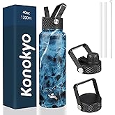 Konokyo 40oz Insulated Water Bottle Stainless Steel Sport Bottles with 3 Lids,Marble Ocean