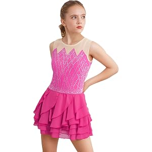 Venjoe Girls Figure Skating Dress Ice Skating Competition Dress Sleeveless Rhinestone Dance Leotard with Layered Skirt