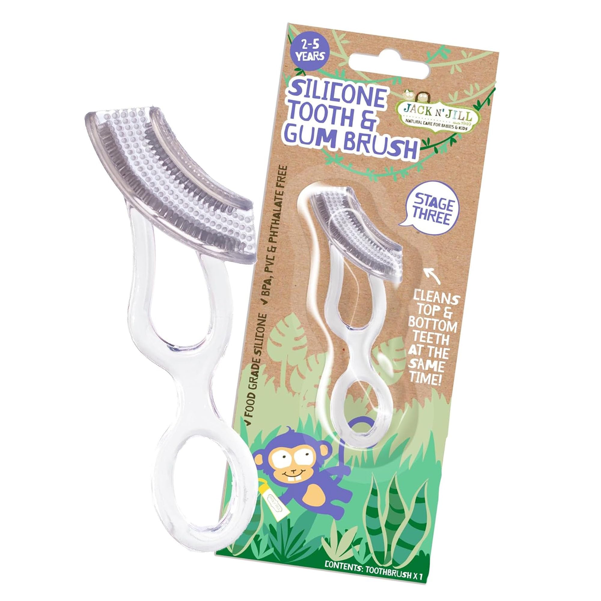 Jack N' Jill Silicone Tooth & Gum Brush - Toddler Toothbrush 2-5 Years Old, Double Sided Soft Silicone Bristles, for Sensitive Gums, Food-Grade Silicone, Pack of 1