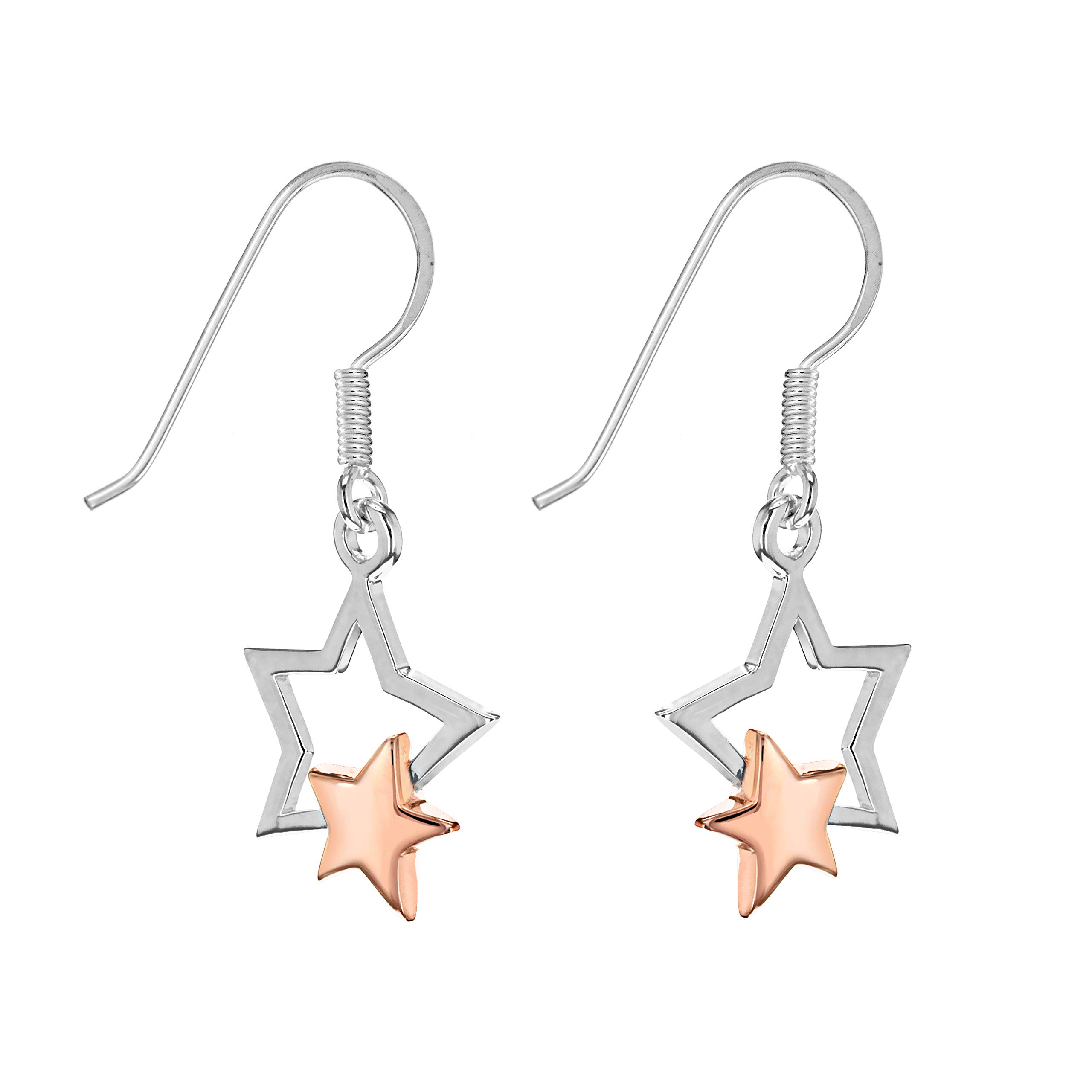 Tuscany Silver Women's Sterling Silver Two-Tone Double Star 15 x 30 mm Drop Earrings