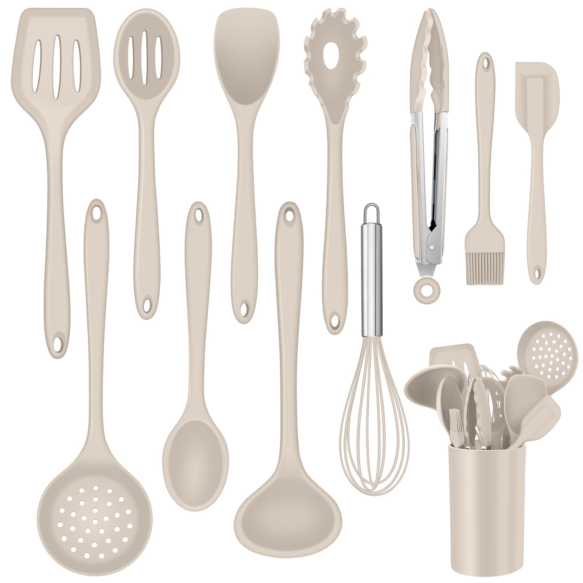 Onader Kitchen Utensil Set, 12 Piece Silicone Cooking Utensils with Holder, Heat Resistant Kitchen Tools Turner Spatula Spoon for Non-Stick Cookware, Easy Clean & Dishwasher Safe, Khaki