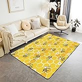 Erosebridal Honeycomb Area Rug 5x7, Bee Flowers Rug for Kids Child Girls, Flying Wildlife Carpet for Classroom, Hexagon Beehive Rustic Floral Simplistic Geometrical Washable Living Room Rugs