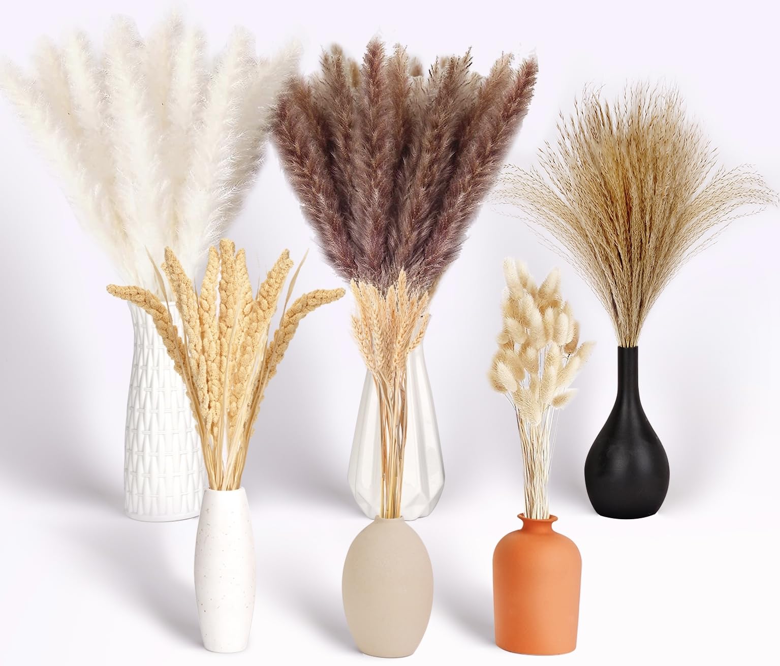 Photo 1 of 100 Pcs Natural Dried Pampas Grass Decor, 17" Pompas Floral-30 Reed Grass-15 White Pampas grass-15 Brown Pampas Grass-20 Bunny Tails-10 Millet -10 Wheat Stalks,Suitable for Vase-Wall Decor-Fall Decor