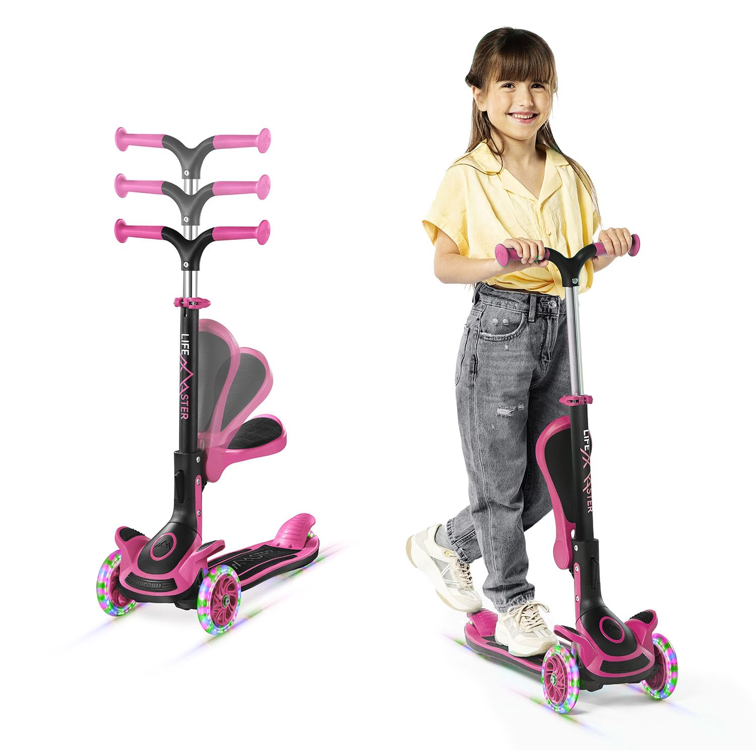 3 Wheel Scooter for Kids with Foldable Seat, Adjustable Handlebar Height, Lean-to-Steer Ride On Toy for Kids Ages 2+, Light-Up LED Wheels, Wide Anti Slip Deck, Indoor & Outdoor Use, Pink Image