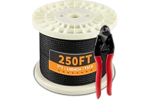 UYENSEOY 250FT 1/8" Stainless Steel Cable Black 7x7 Strands Aircraft Cable T316 Wire Rope with Cable Cutter 1800lbs Breaking Strength Wire Cable for Deck Cable Railing, Stair, Fence, DIY Balustrades