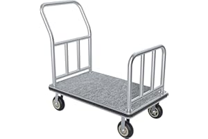 YORKGARGEN Hotel Luggage Cart, 900LBS Load Capacity Bellman's Cart with 8" Wheels, Brushed Stainless Steel Commercial Grade Hotel Luggage Trolley with Grey Carpeted Deck for Hotels (42''L x 25''W x 38''H)