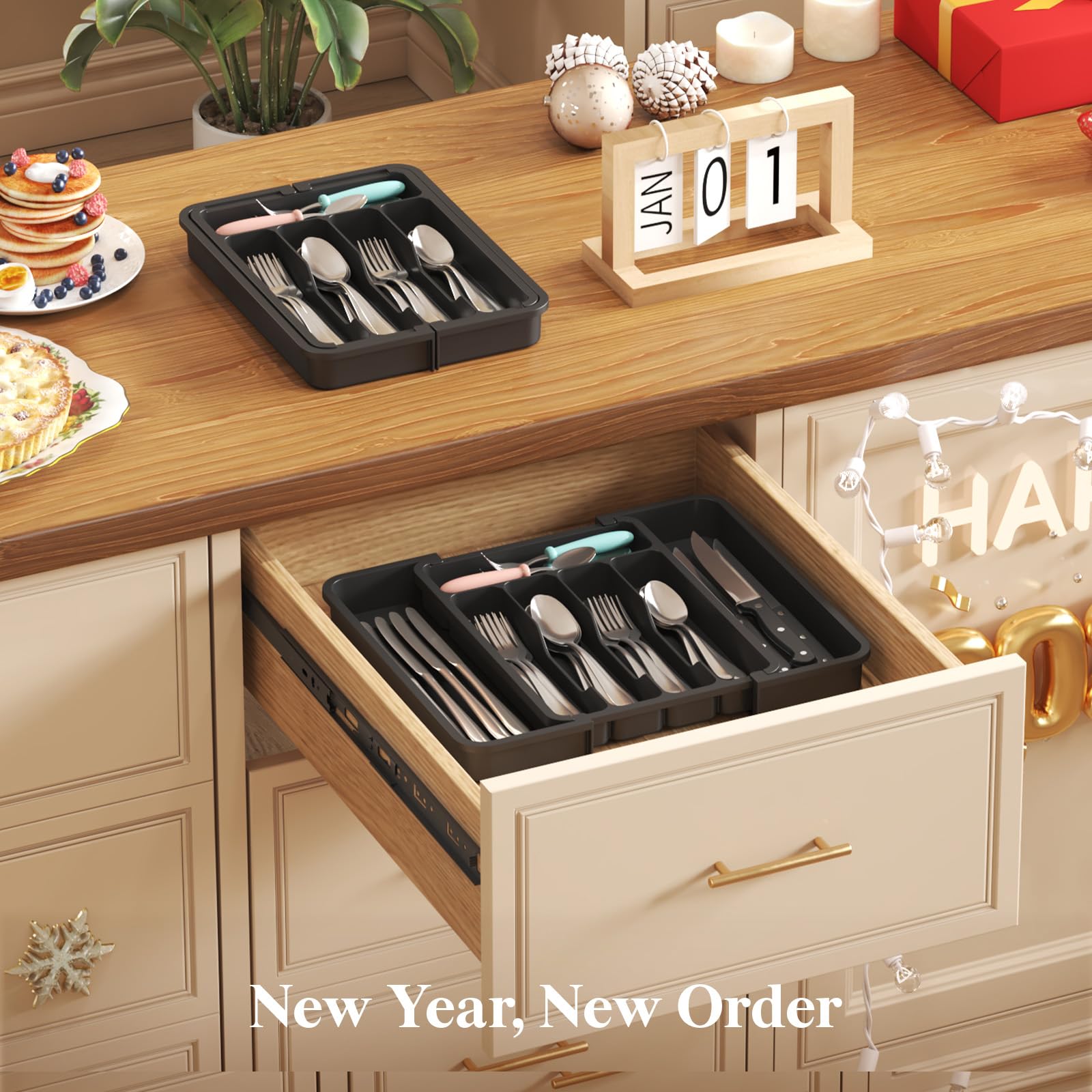 Lifewit Silverware Drawer Organizer, Expandable BPA Free Utensil Tray for Kitchen, Adjustable Flatware and Cutlery Holder for Spoons Forks Knives, Plastic Kitchen Organizers and Storage, Black