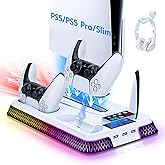 Mcbazel RGB Cooling Stand with Headphone Hook for PS5/Slim/Pro, Multifunctional Cooling Fan and Controller Charging Station for PlayStation 5/Slim/PRO Console White