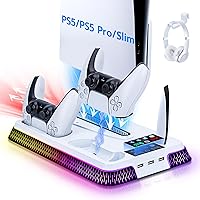 Mcbazel RGB Cooling Stand for PS5, Dual Controller Charger & Fast Charging Station with 3 USB Ports, Headphone Hook, Adjustab