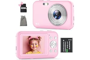 AHLIRMOY Digital Camera, Kids Camera with 32GB Card, FHD 1080P 44MP Vlogging Camera, 16X Zoom Point and Shoot Digital Camera Compact Portable Rechargeable Cameras for Teens Boys Girls Students Seniors-Pink