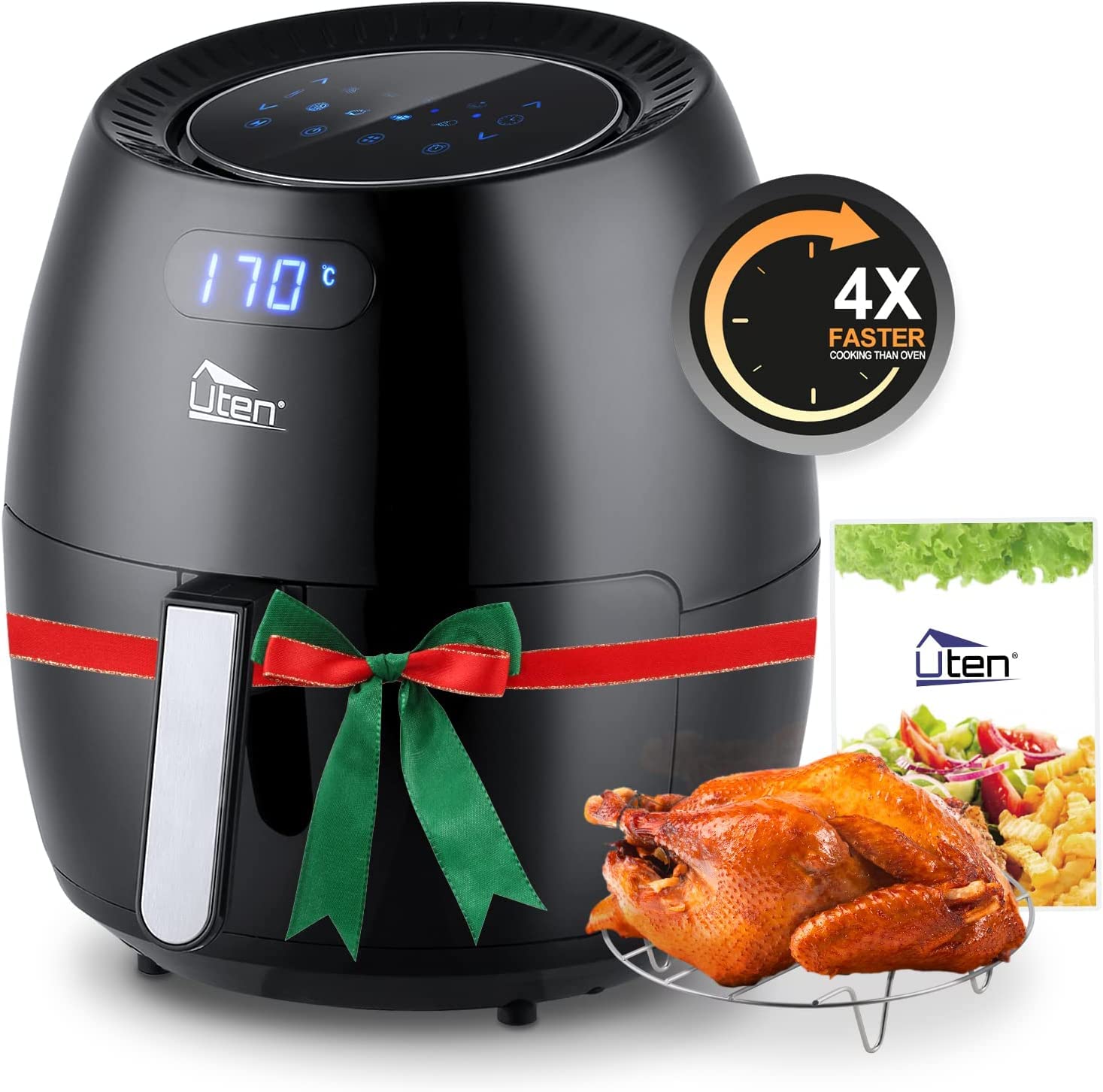 Freidora de aire 6.9QT/6.5L, Uten 1700W Modo de freír 8 en 1 de alta potencia, calentamiento rápido, horno antiadherente, cocción sin aceite, calentamiento rápido/control de tiempo, pantalla táctil digital LED, negro