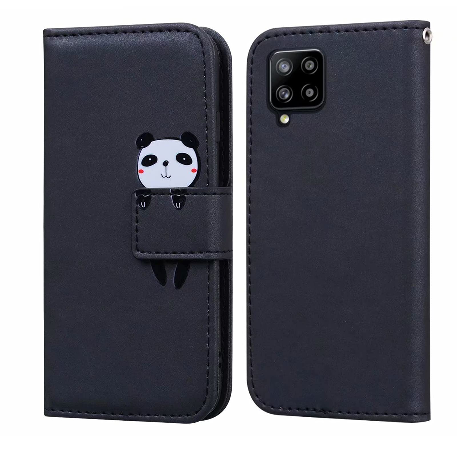 LUKASI for Samsung Galaxy A12 5G Case(6.5"), Cartoon Pattern Folding Stand PU Leather Wallet Flip Cover with TPU Inner Shell, Card Slots, Magnetic Closure (Samsung Galaxy A12 5G-Black+Panda)